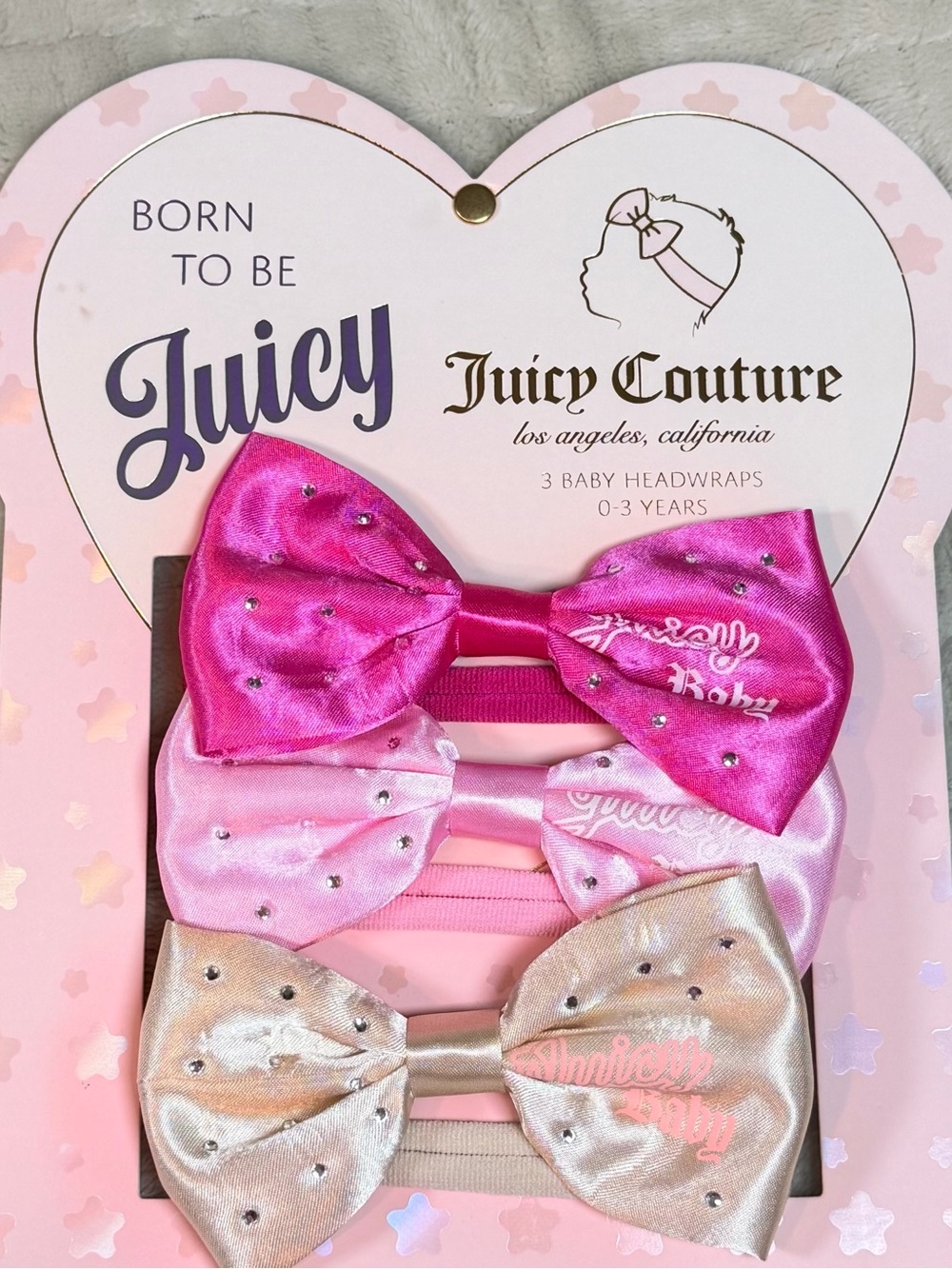 Juicy Couture Baby Headwraps 3 Pack Satin Bow Rhinestone 0-3 Months NWT - Picture 4 of 9